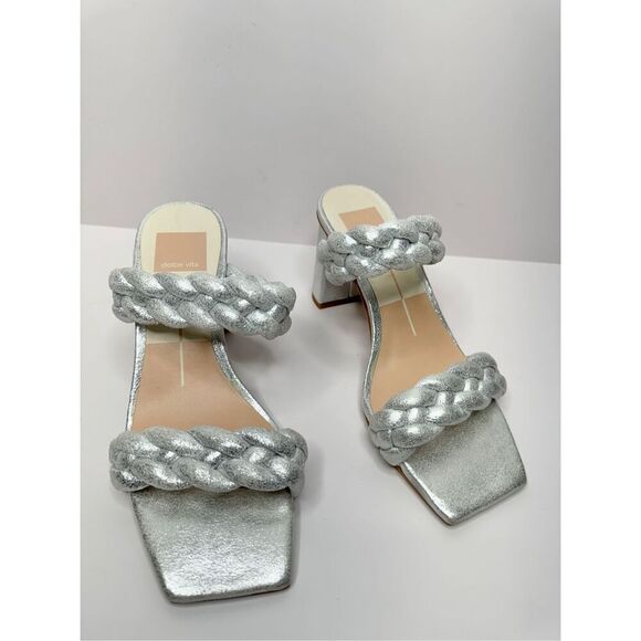 Dolce Vita Sandals Womens Size 6 Silver Slip On Braided Square Toe Heels - Picture 7 of 10